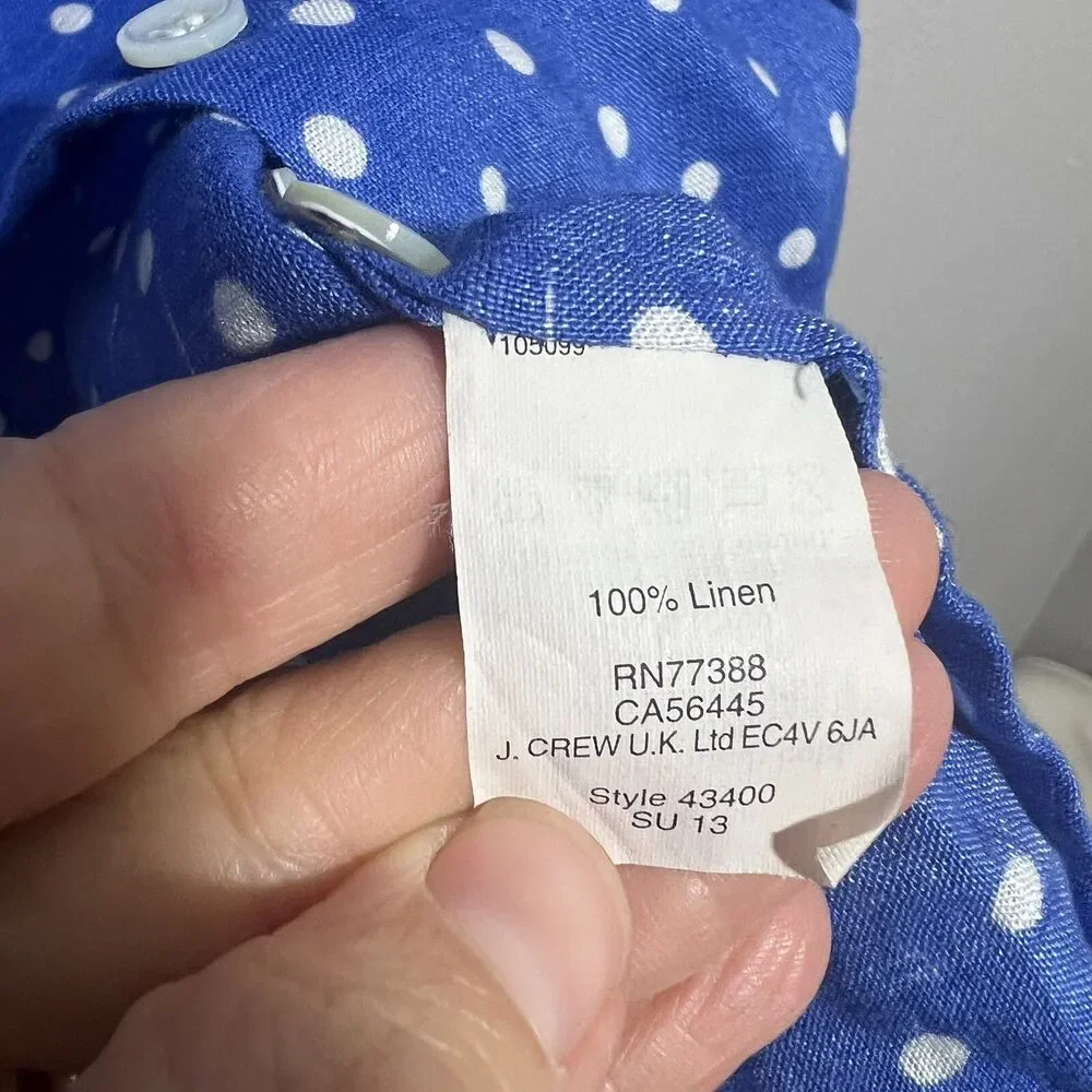 JCrew Womens Polka Dot Linen Top Slim Perfect Button Down Shirt Blue Sz 0